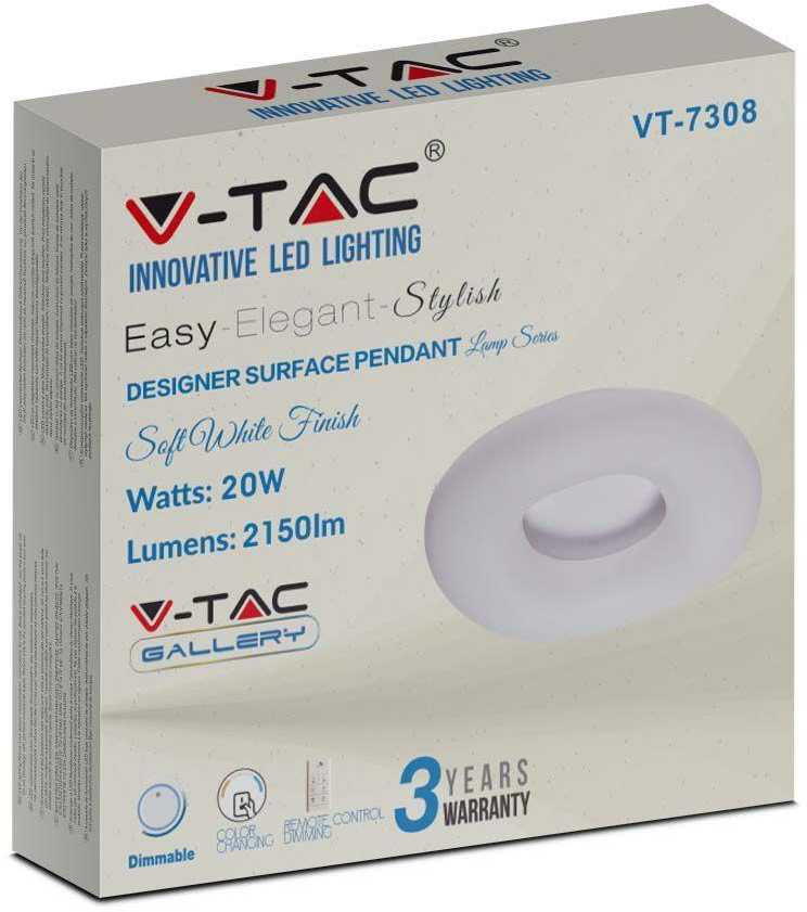Lubinis šviestuvas V-tac 20W LED paviršinis šviestuvas, baltas, dimeriuojamas