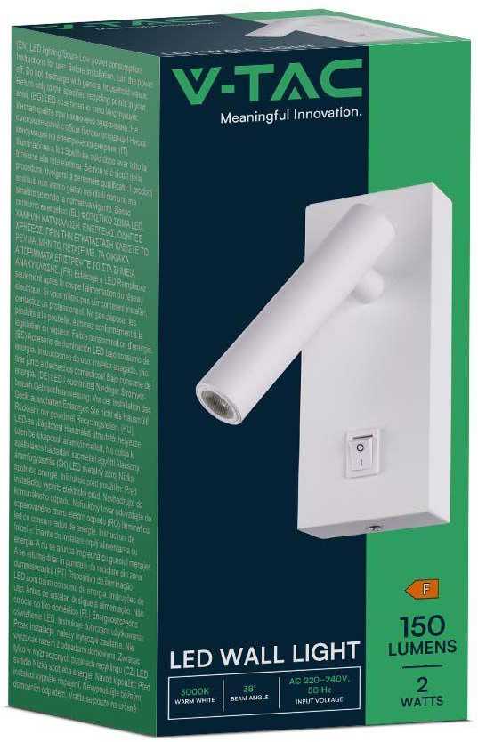 V-tac 2W LED sieninis šviestuvas, baltas, 4000K