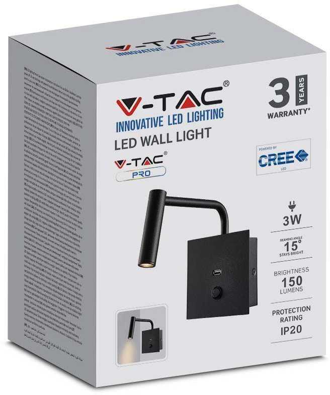 V-tac 3W LED sieninis šviestuvas, juodas, su USB, 3000K