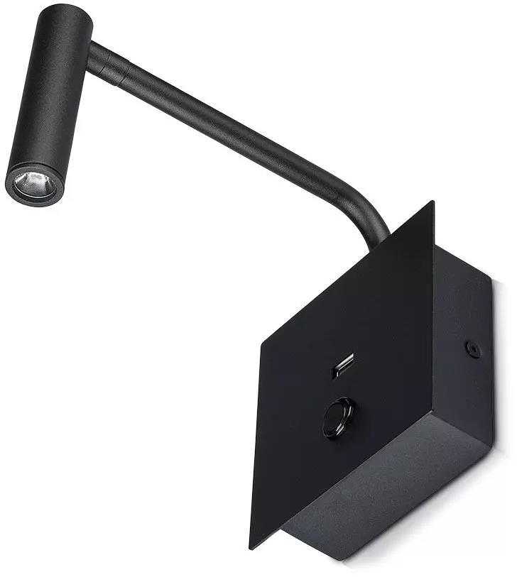 V-tac 3W LED sieninis šviestuvas, juodas, su USB, 3000K