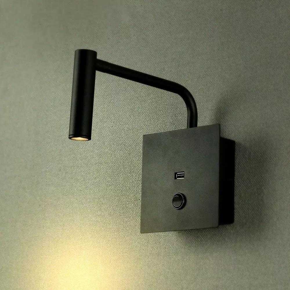 V-tac 3W LED sieninis šviestuvas, juodas, su USB, 3000K