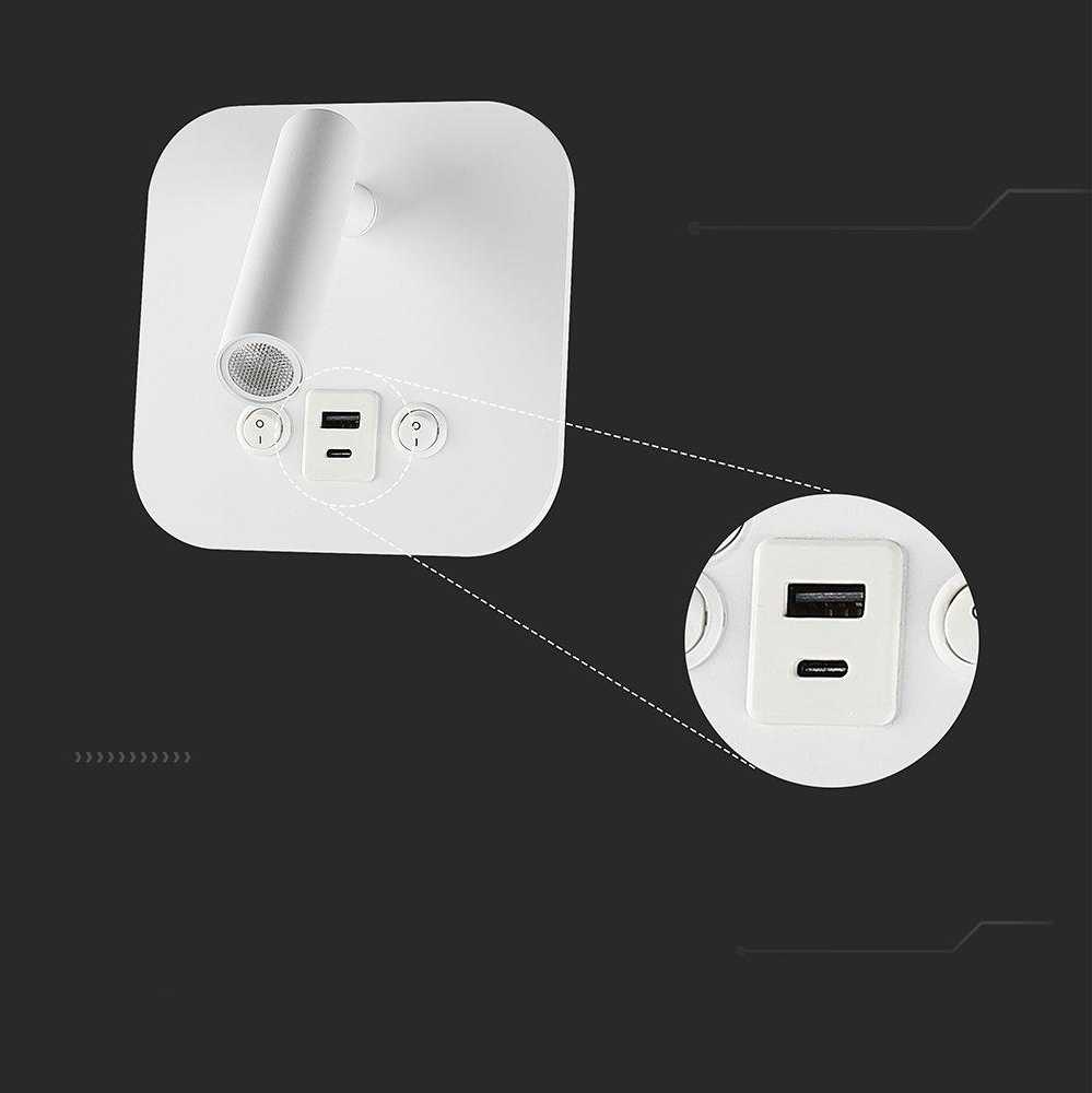 V-tac 8W LED sieninis šviestuvas, baltas, 3000K, su USB/PD jungtimi, CREE LED chip