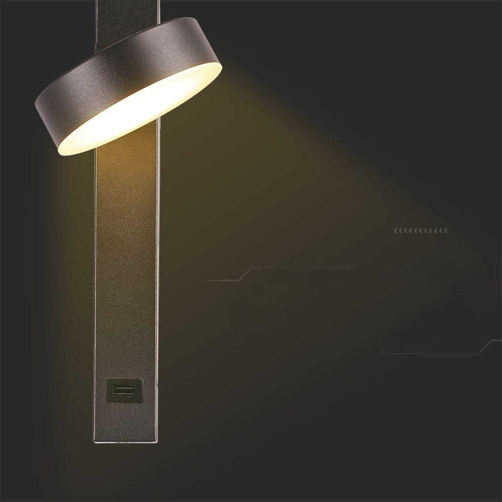 V-tac 8W LED sieninis šviestuvas, juodas, 3000K, su USB