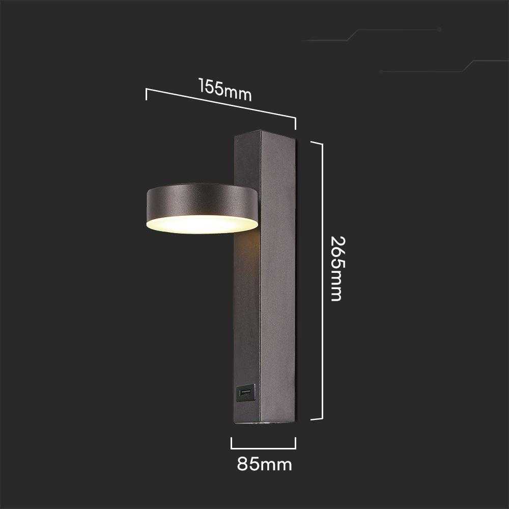 V-tac 8W LED sieninis šviestuvas, juodas, 3000K, su USB