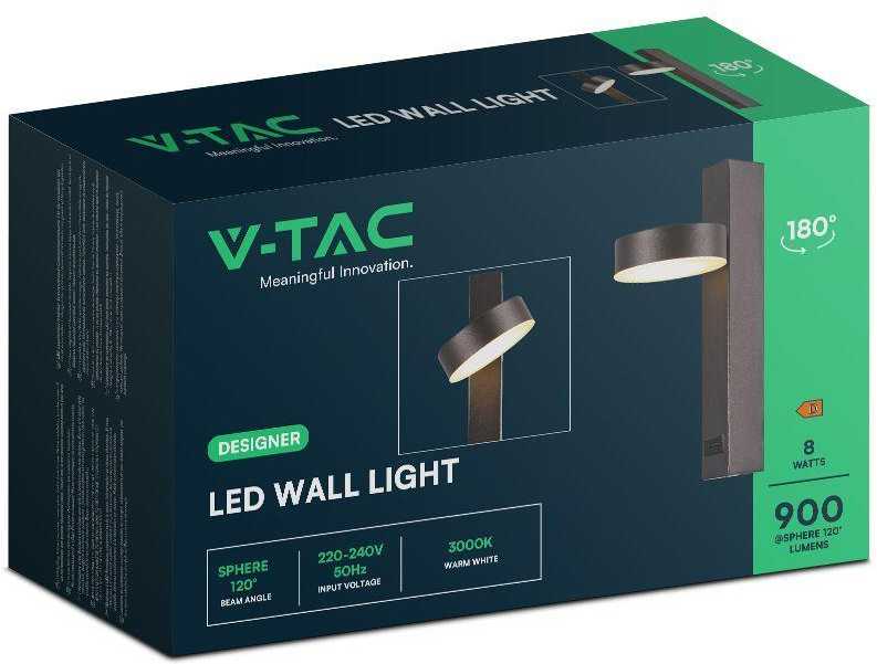 V-tac 8W LED sieninis šviestuvas, juodas, 3000K, su USB