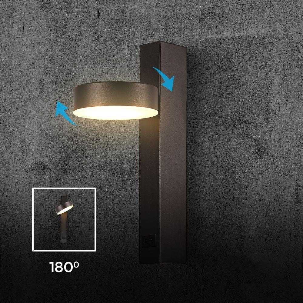 V-tac 8W LED sieninis šviestuvas, juodas, 3000K, su USB