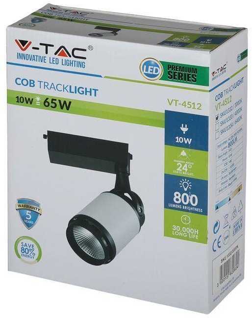V-tac 10W LED šviestuvas į 3 fazių bėgelius, juodu / baltu korpusu, 6400K