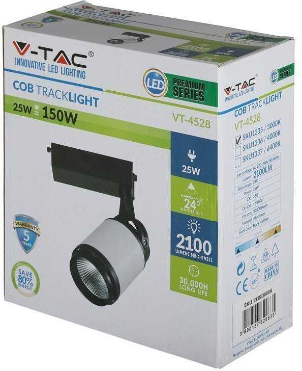 V-tac 25W LED šviestuvas į 3 fazių bėgelius, juodu / baltu korpusu, 6400K