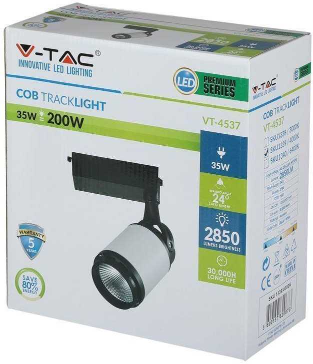 V-tac 35W LED šviestuvas į 3 fazių bėgelius, juodu / baltu korpusu, 6400K