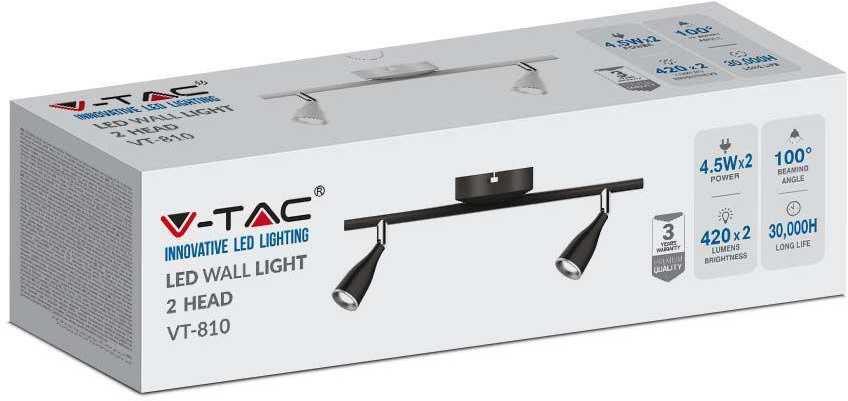 Sieninis šviestuvas V-tac 2x4,5W LED sieninis/paviršinis šviestuvas, juodas, 4000K