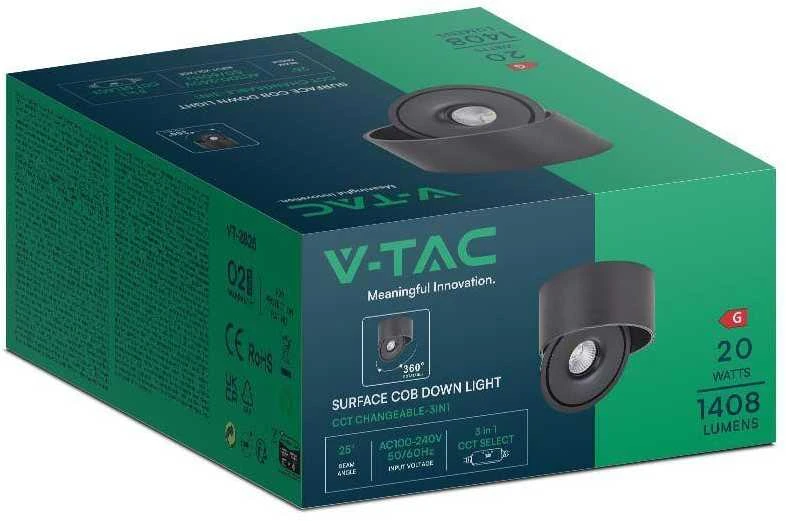 Lubinis šviestuvas V-tac 20W LED paviršinis šviestuvas, juodas, 3000-6400K