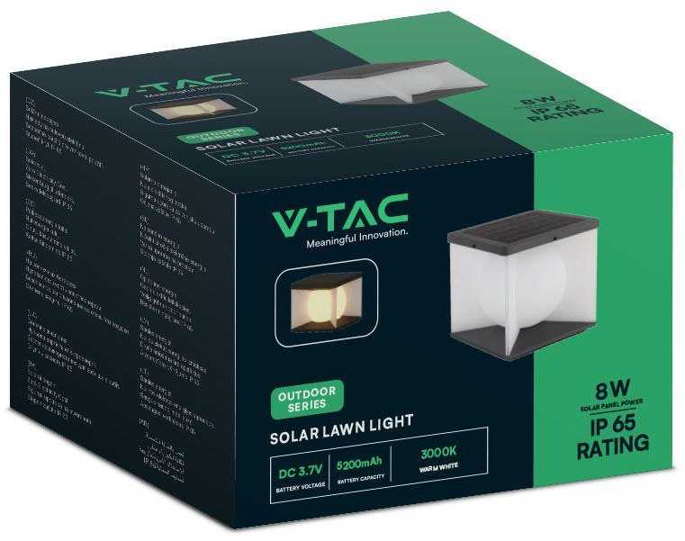 V-tac 8W LED įkraunamas lauko šviestuvas su saulės baterija, juodos/baltos sp., 3000K, IP65