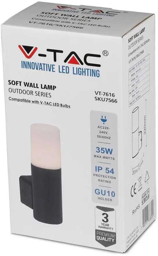 V-tac Lauko sieninis šviestuvas, aliuminis, juodas, IP54, GU10, 121x80x250mm