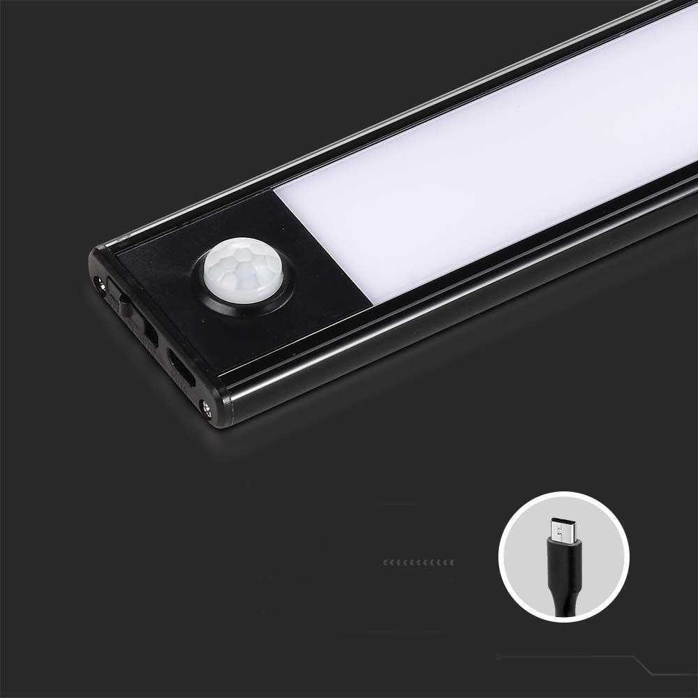 V-tac 2,5W LED įkraunamas linijinis paviršinis šviestuvas, 60cm, juodas, 3000K, su judesio davikliu