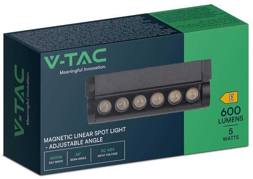 V-tac 5W LED šviestuvas į magnetinius bėgelius, juodas, 4000K, pakreipiamas