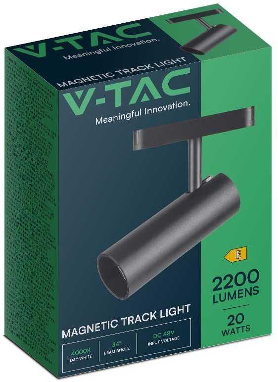 V-tac 20W LED akcentinis šviestuvas į magnetinius bėgelius, juodas, 6400K