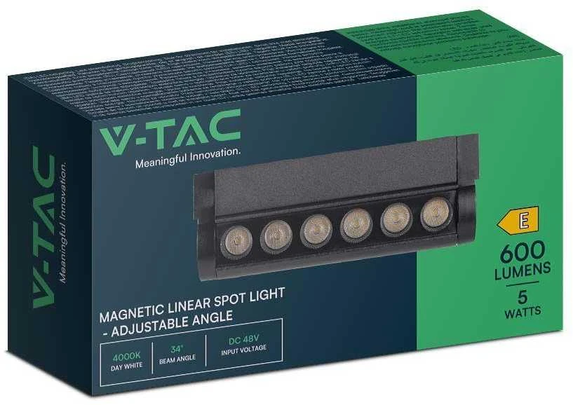 V-tac 5W LED šviestuvas į magnetinius bėgelius, juodas, 3000K, pakreipiamas