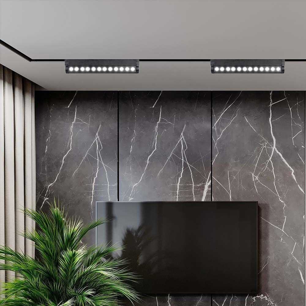 V-tac 12W LED šviestuvas į magnetinius bėgelius, juodas, 6400K, pakreipiamas