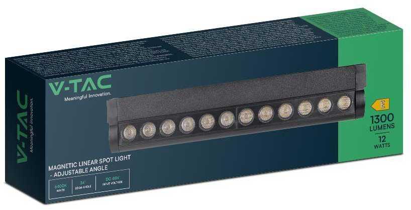 V-tac 12W LED šviestuvas į magnetinius bėgelius, juodas, 4000K, pakreipiamas
