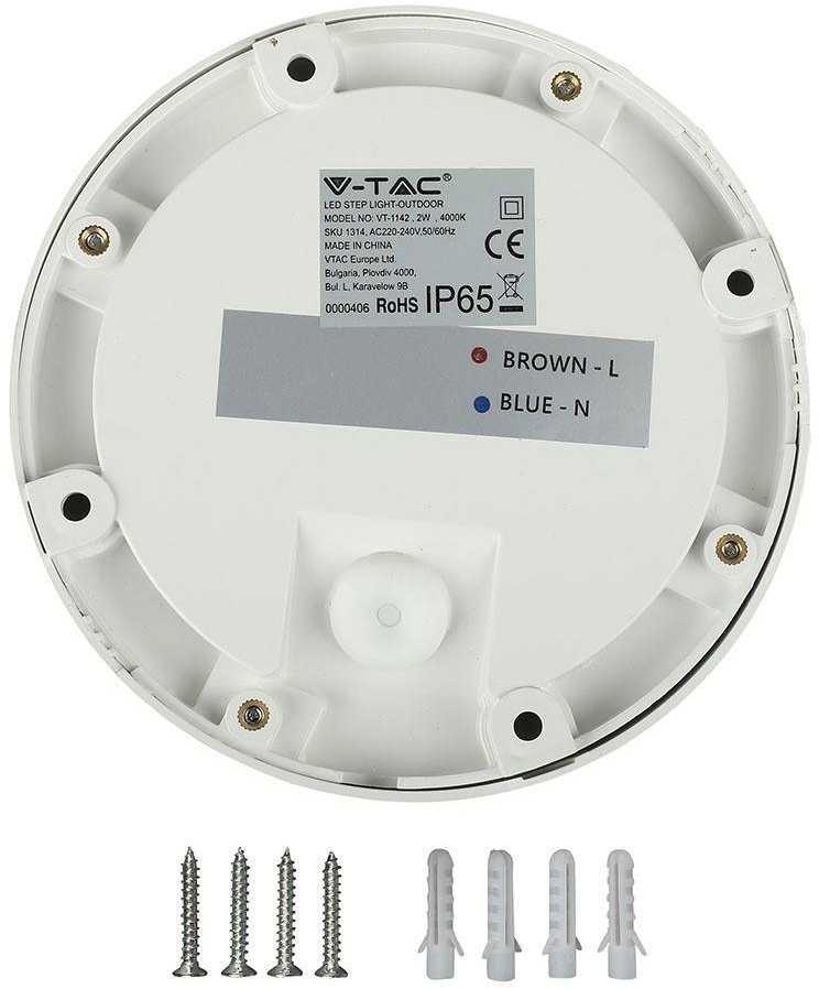 V-tac 2W LED sieninis lauko šviestuvas, baltas, 3000K, IP65