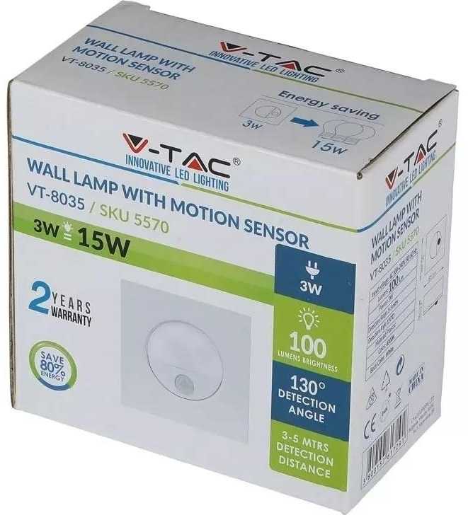 V-tac 3W LED kvadratinis šviestuvas su jutikliu, baltas, 4500K