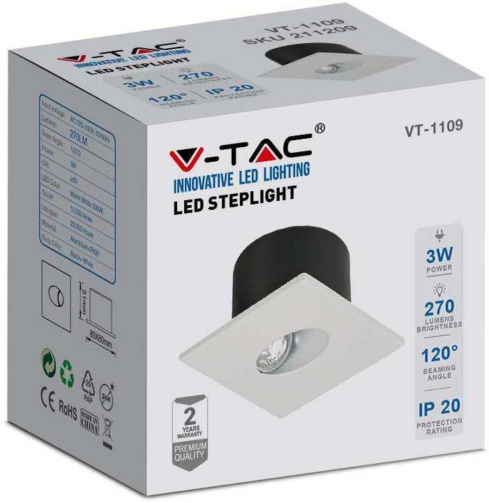 V-tac 3W LED įleidžiamas sieninis šviestuvas, baltas, 3000K