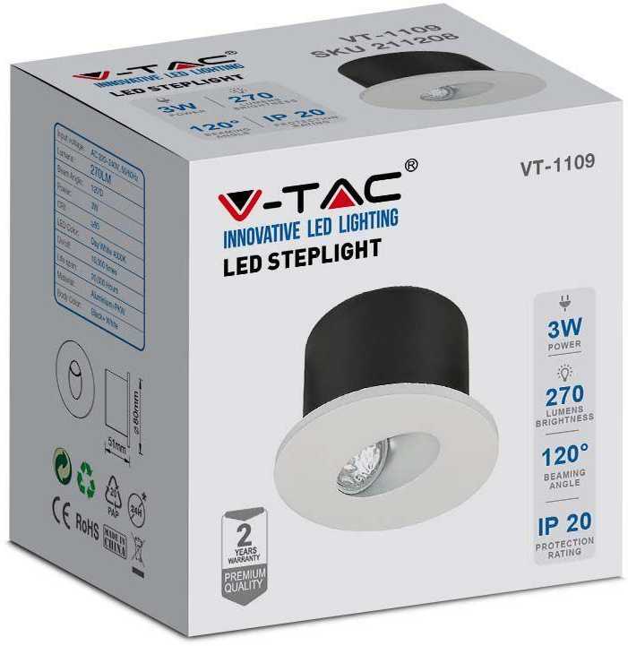 V-tac 3W LED įleidžiamas sieninis šviestuvas, baltas, 4000K