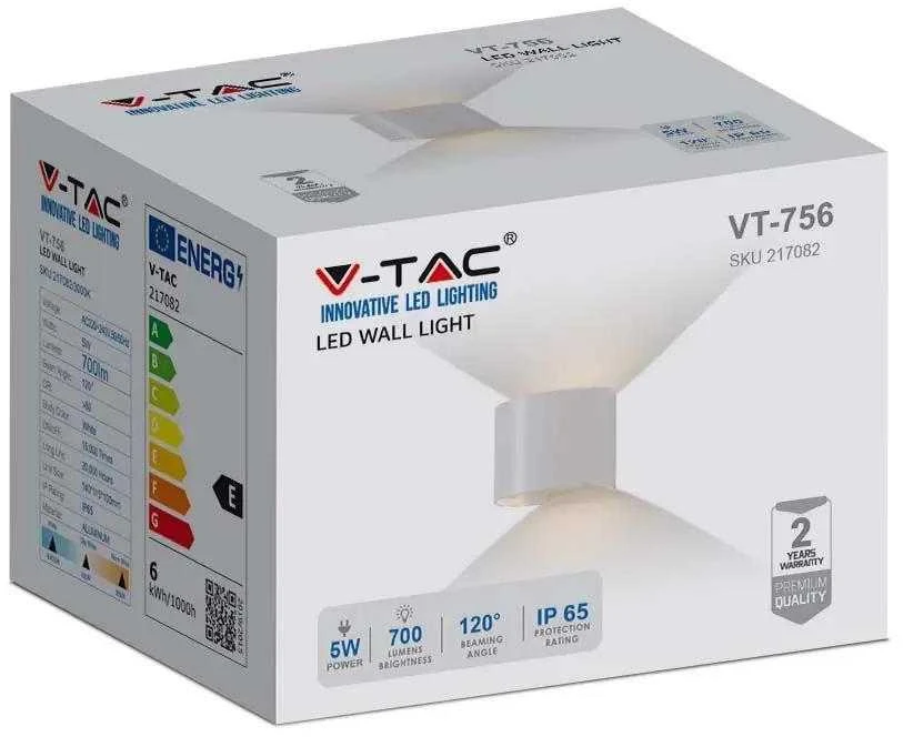 V-tac 5W LED sieninis šviestuvas, baltas, 3000K
