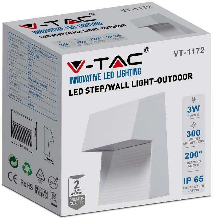 V-tac 3W LED sieninis šviestuvas, baltas, 3000K, IP65