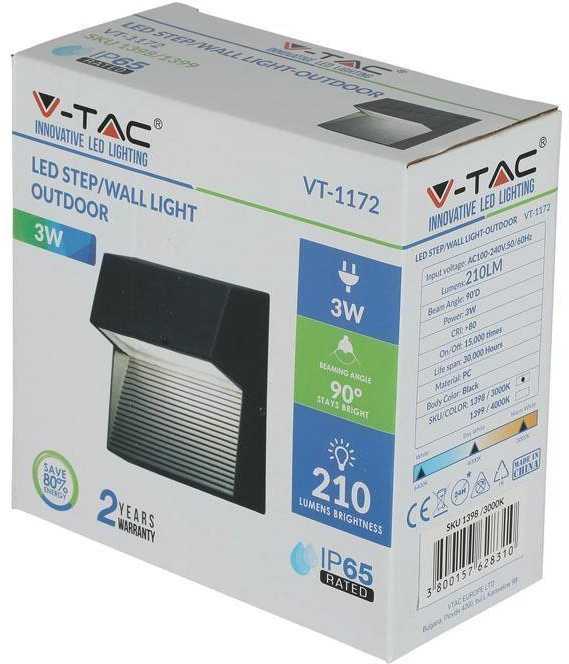 3W Sieninis šviestuvas V-TAC, juodu korpusu, IP65, 3000K