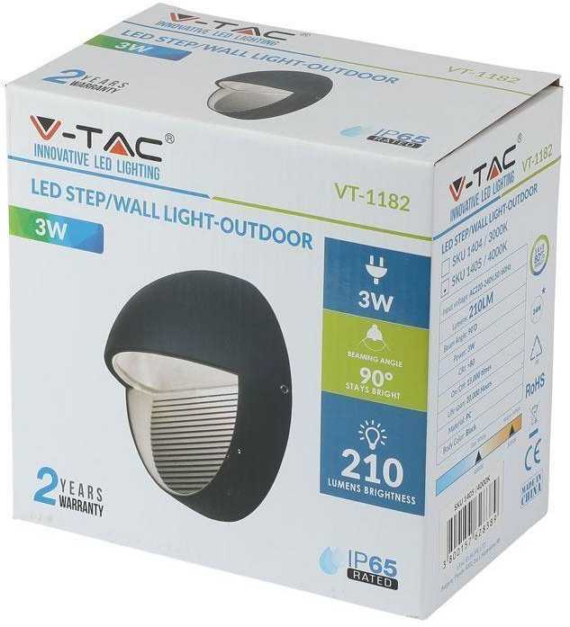 3W Sieninis šviestuvas V-TAC, juodu korpusu, apvalus, IP65, 4000K