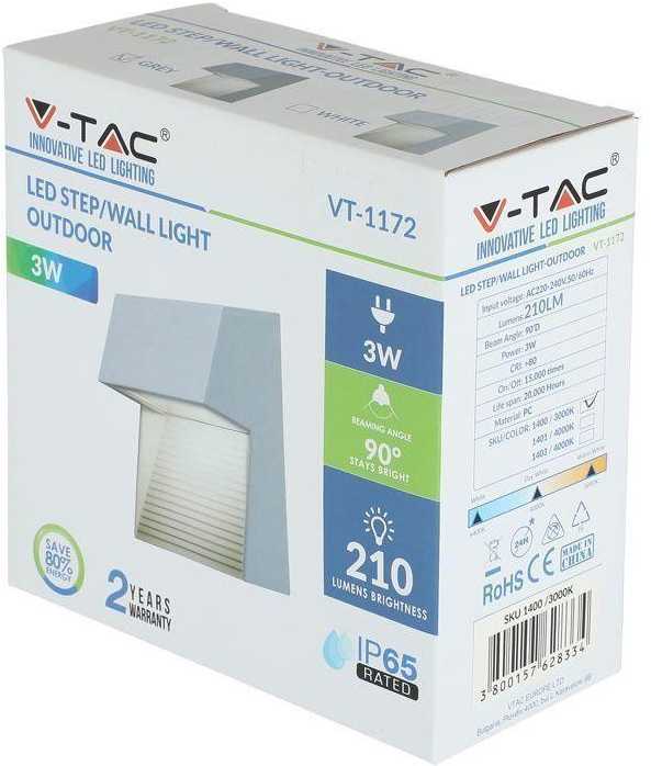 3W Sieninis šviestuvas V-TAC, pilku korpusu, IP65, 4000K