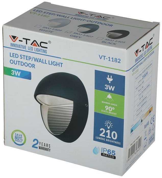 3W Sieninis šviestuvas V-TAC, pilku korpusu, apvalus, IP65, 3000K