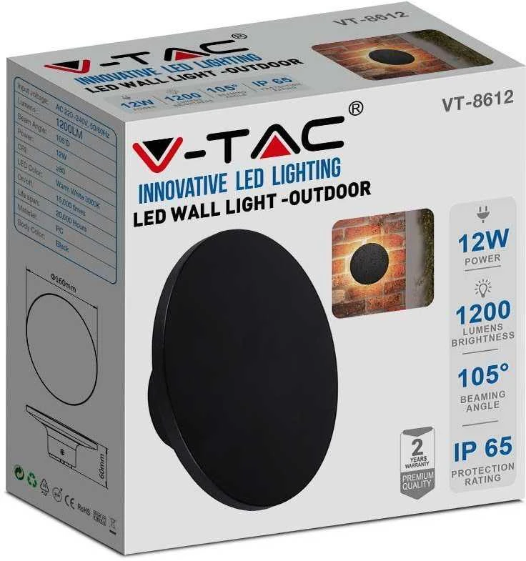 V-tac 12W LED sieninis šviestuvas, juodas, 3000K, IP65