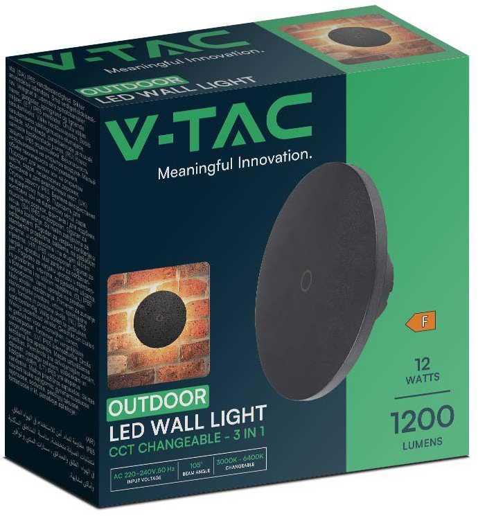 Sieninis šviestuvas V-tac 12W LED sieninis lauko šviestuvas, juodas, 3000/6400K, dimeriuojamas