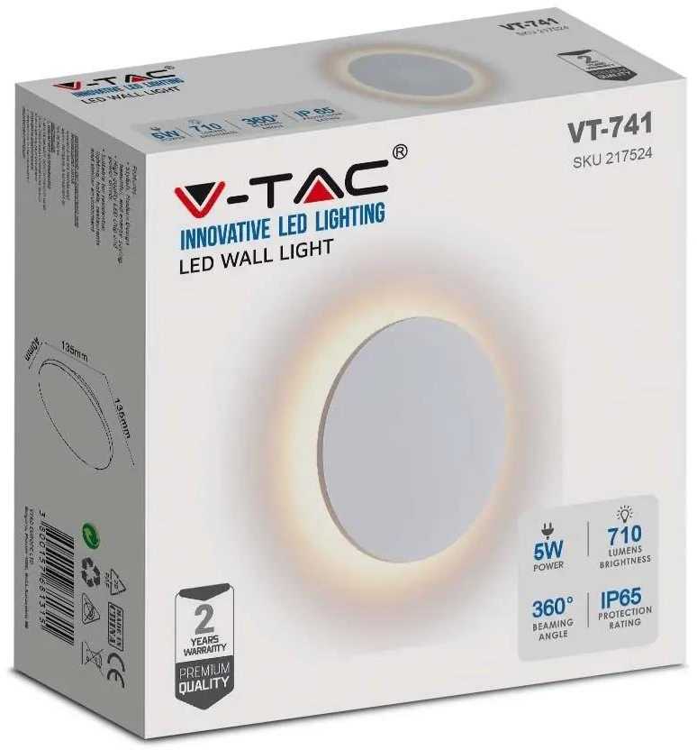 Sieninis šviestuvas V-tac 5W sieninis lauko šviestuvas, baltas, 3000K, IP65