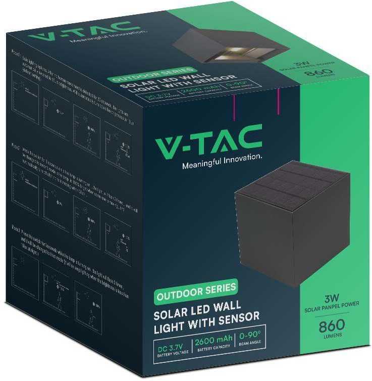 Sieninis šviestuvas V-tac 9W LED įkraunamas sieninis lauko šviestuvas su saulės baterija ir judesio davikliu, juodas, 3000K, IP65