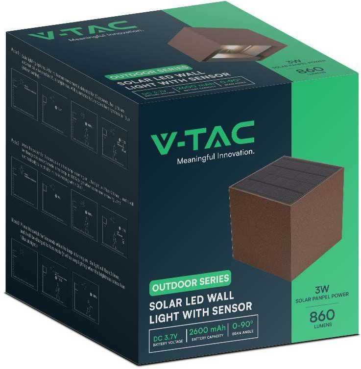Sieninis šviestuvas V-tac 9W LED įkraunamas sieninis lauko šviestuvas su saulės baterija ir judesio davikliu, rūdžių sp., 4000K, IP65
