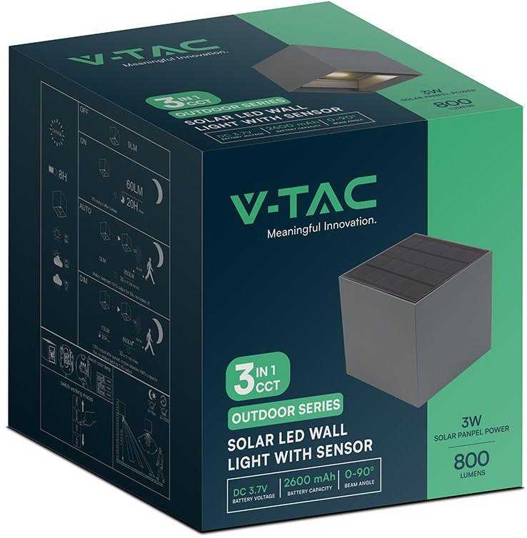 Sieninis šviestuvas V-tac 9W LED sieninis įkraunamas šviestuvas su saulės baterija ir judesio davikliu, tamsiai pilkas, 3000/4000/5000K, IP65