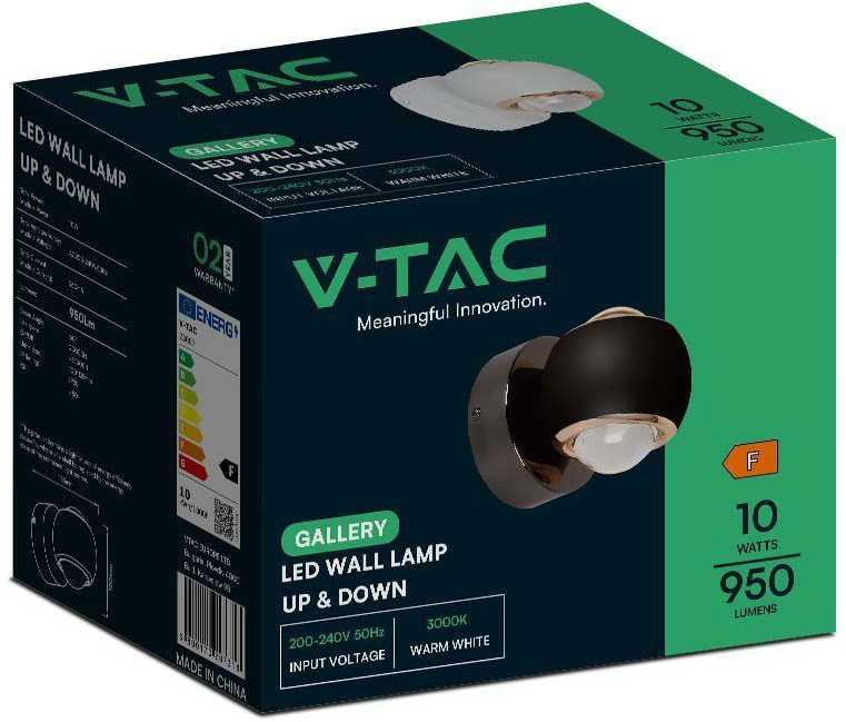 V-tac 10W LED sieninis šviestuvas, juodas, 3000K, šviečia į viršų ir į apačią