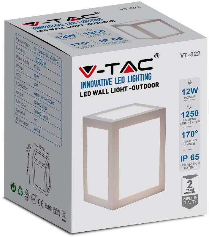 V-tac 12W LED sieninis šviestuvas, baltas, 3000K, IP65