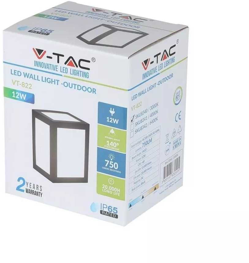 12W LED sieninis šviestuvas V-TAC, juodu korpusu, IP65, 4000K (natūraliai balta)
