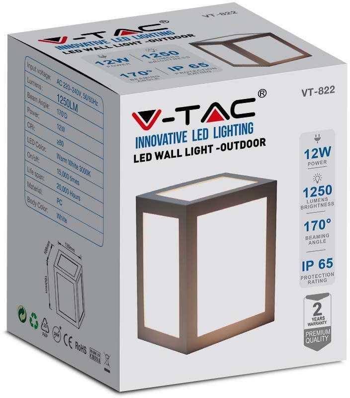 V-tac 12W LED sieninis šviestuvas, pilkas, 4000K, IP65