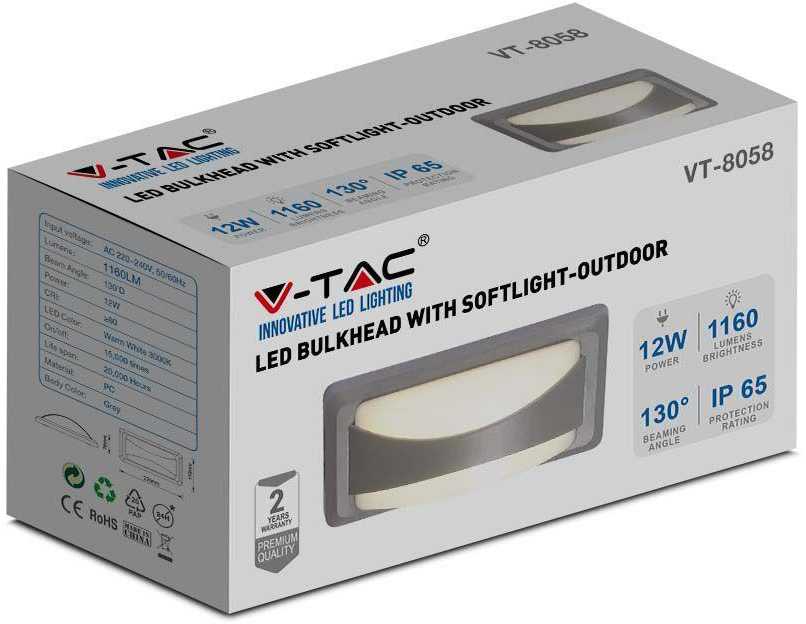 V-tac 12W LED sieninis šviestuvas, pilku korpusu, 3000K, IP65