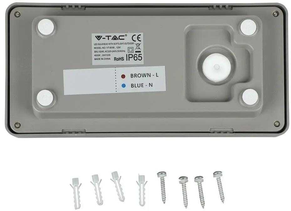 V-tac 12W LED sieninis šviestuvas, pilku korpusu, 3000K, IP65