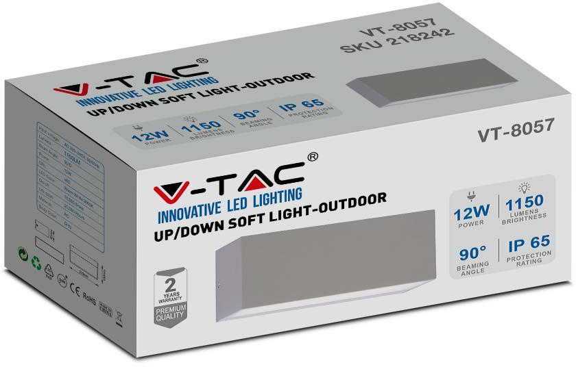 V-tac 12W LED sieninis šviestuvas, pilku korpusu, 4000K, IP65