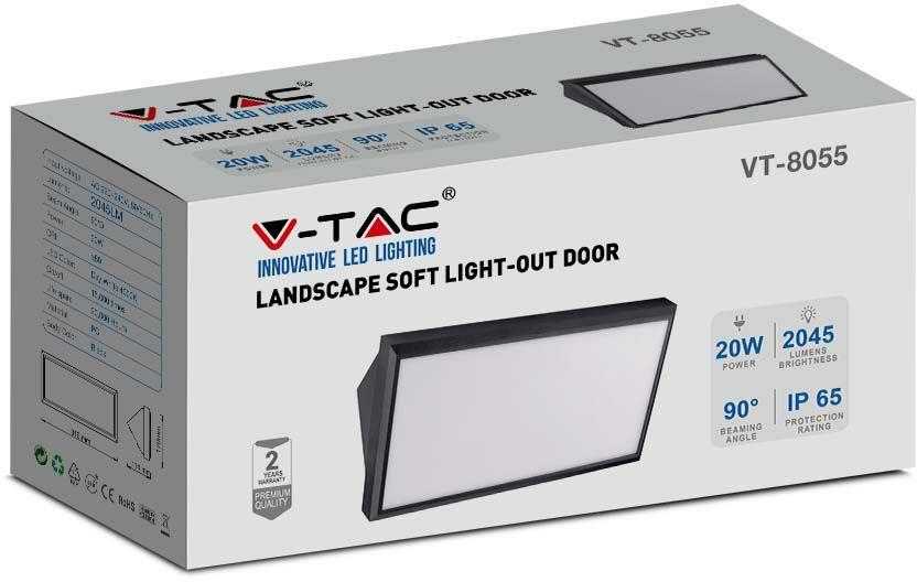 Sieninis šviestuvas V-tac 20W LED sieninis lauko šviestuvas, juodas, 4000K
