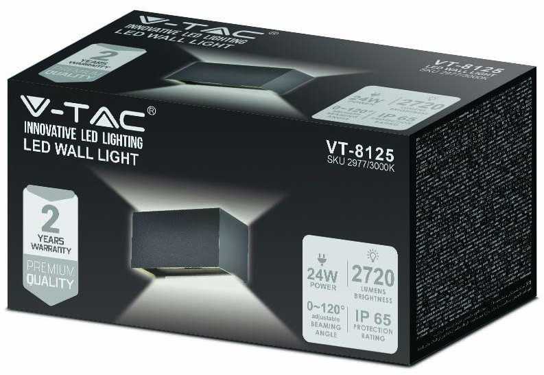 Sieninis šviestuvas V-tac 24W LED sieninis lauko šviestuvas, juodas, 4000K, IP65
