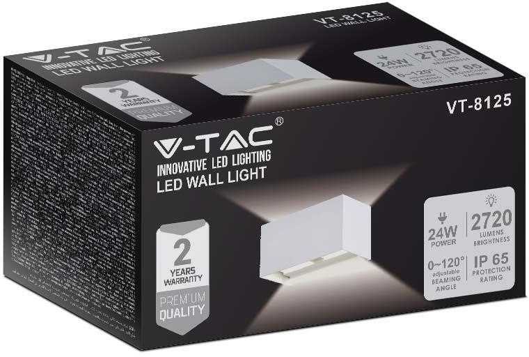 Sieninis šviestuvas V-tac 24W LED sieninis lauko šviestuvas, baltas, 4000K, IP65