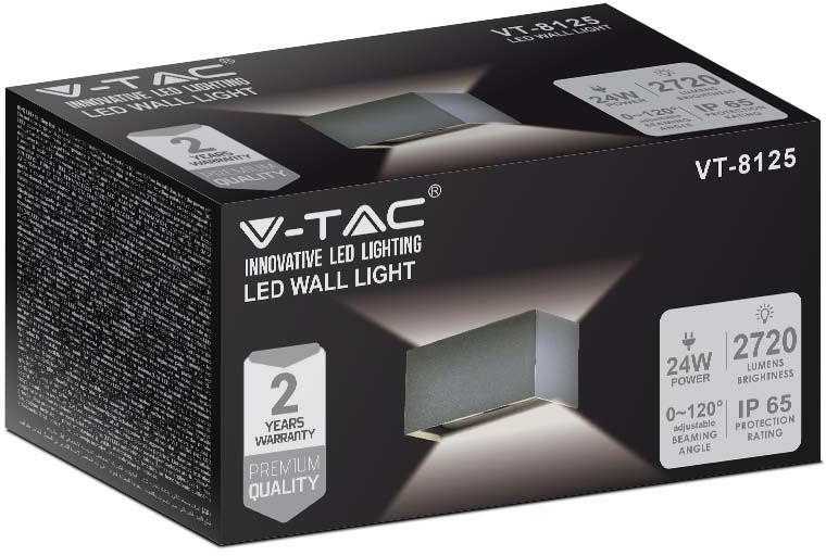 Sieninis šviestuvas V-tac 24W LED sieninis lauko šviestuvas, pilkas, 4000K, IP65